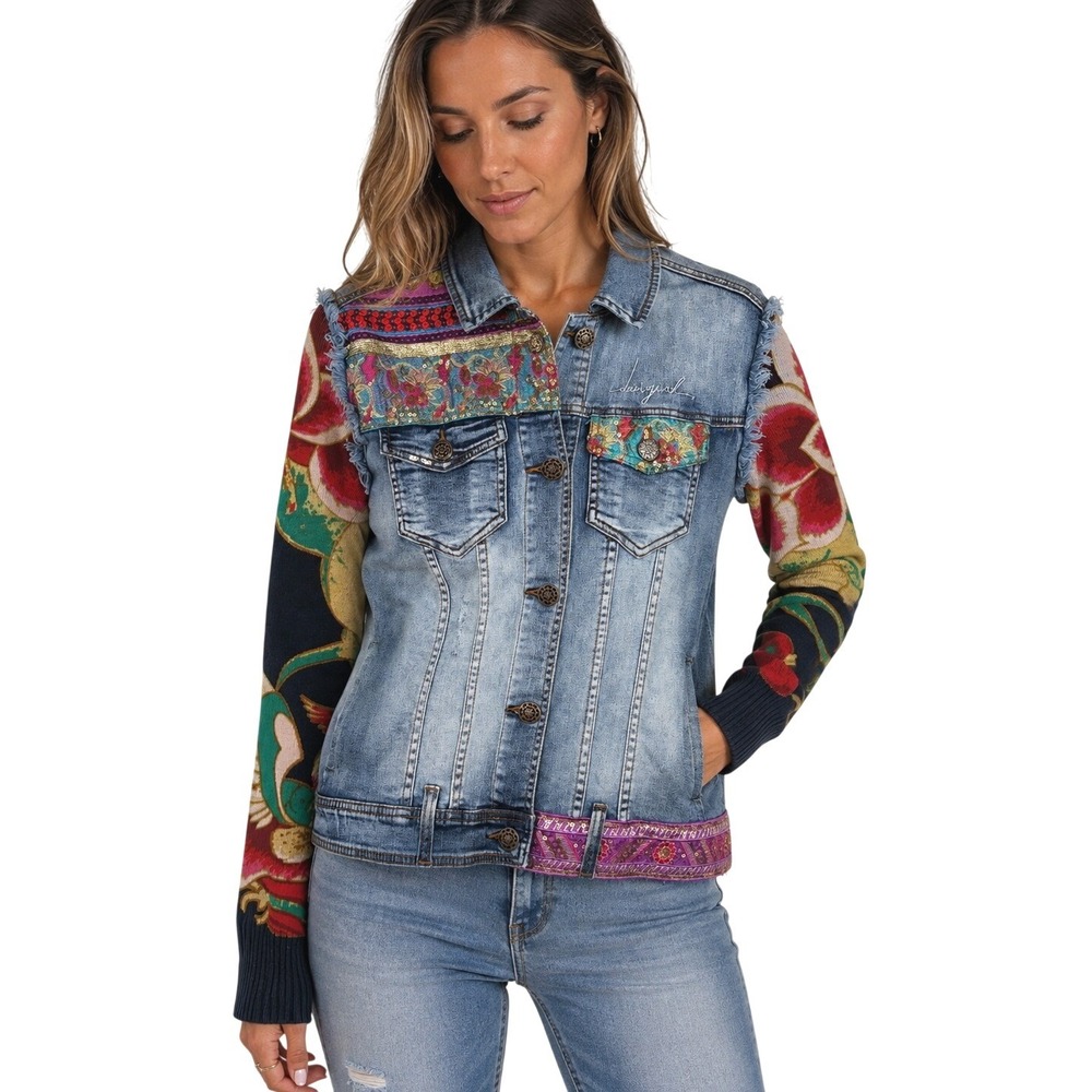 Desigual Denim Ethnic Deluxe Jacket Knit Floral Sleeves Sequin Embroidered EU 40